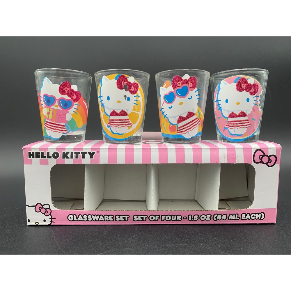 Hello Kitty Sanrio Summer Pool Float Glitter Glassware Shot Glass Set 4 Pk 1.5oz